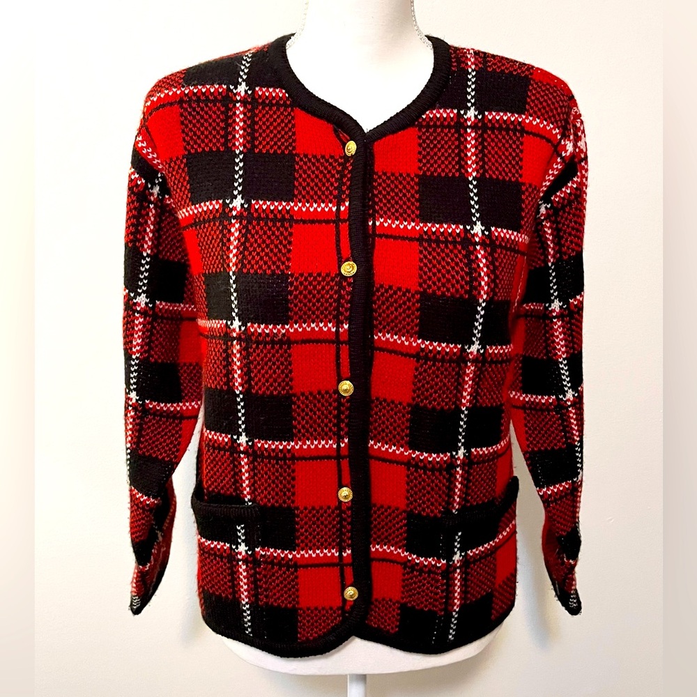 Vintage Crystal Kobe Petite Sweater Cardigan Black Red Plaid Size Medium